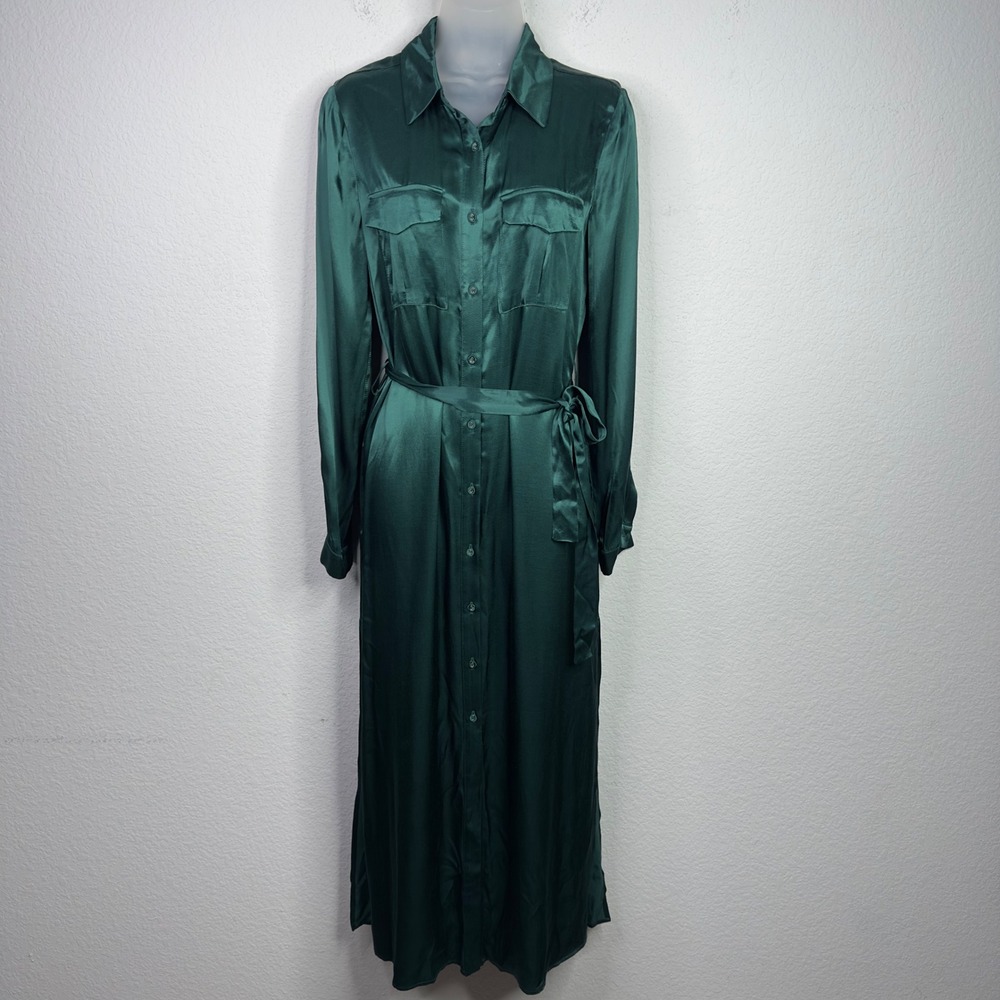 L'Academie Shirt Dress Womens S Emerald Green Satin Button Quiet Luxury‎ Minimal